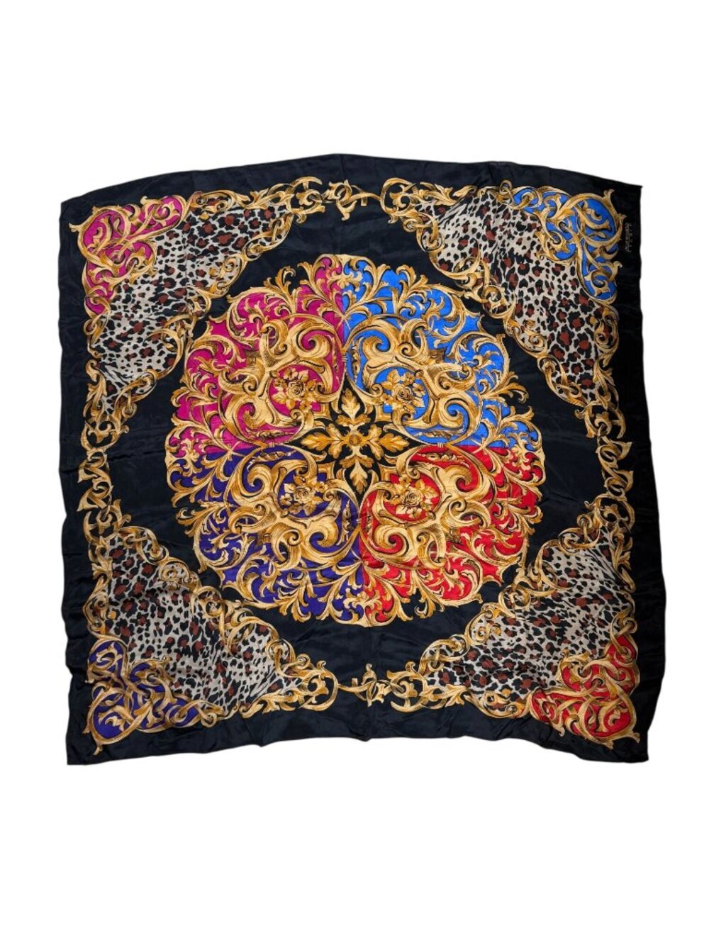 Vintage Oscar De La Renta Studio Silk Scarf Square Animal Print Gold Swirls Red